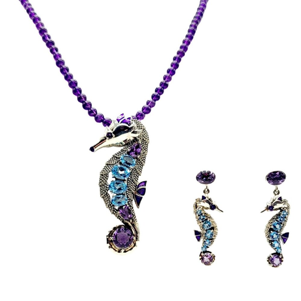 Nicky Butler 4 Pc Set Gems Seahorse Pendant Brooch Earrings  Chain Bead Necklace